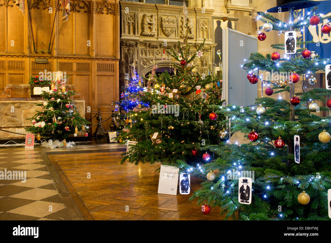 Christmas trees in St. Mary`s Church, Warwick, Warwickshire, England